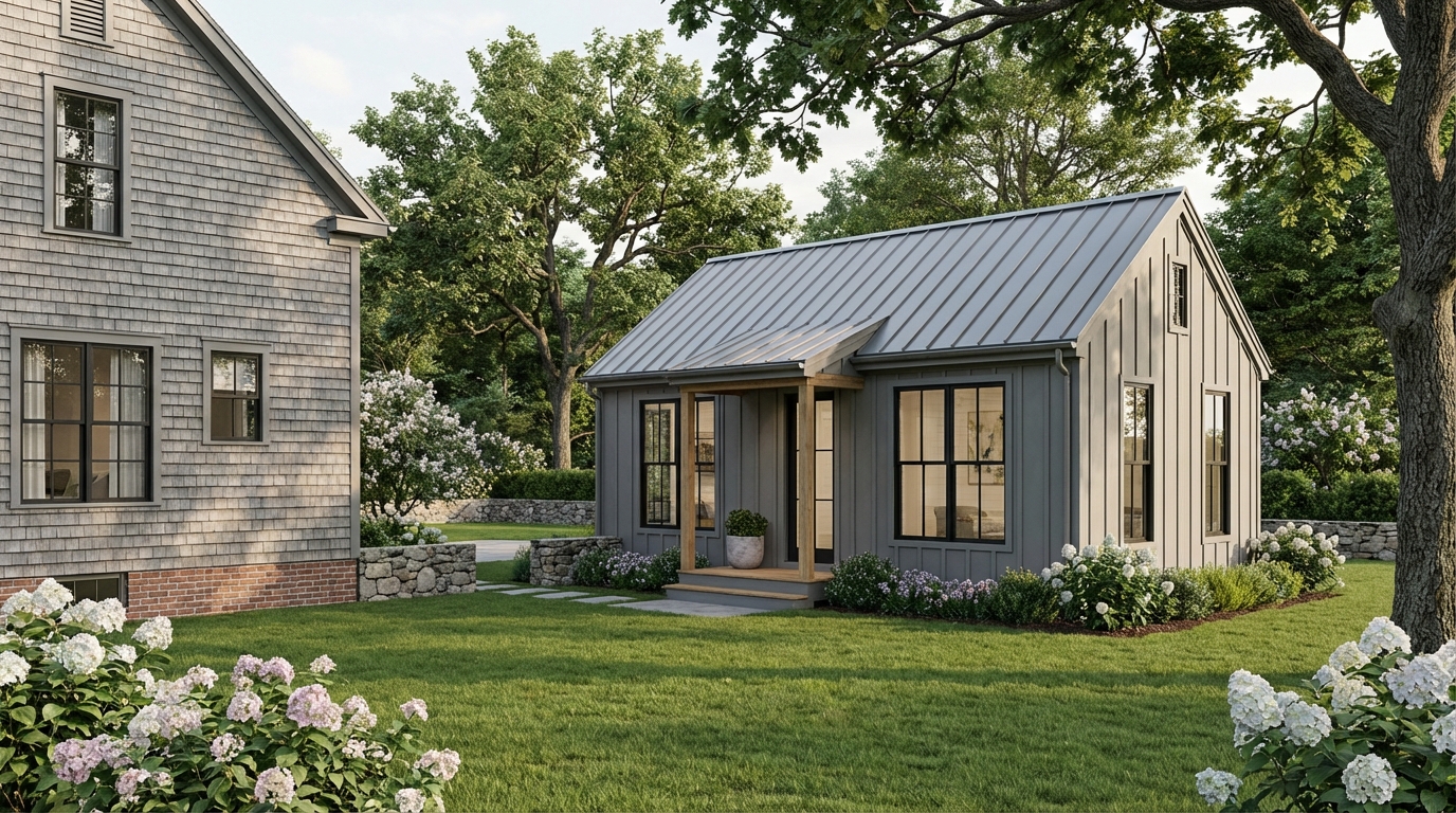 Modern backyard accessory dwelling unit (ADU) in New England setting